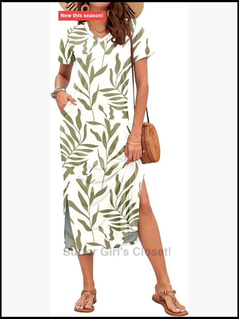 Women Summer Maxi Dress Casual Short Sleeve Long T Shirt Dress Split Beach